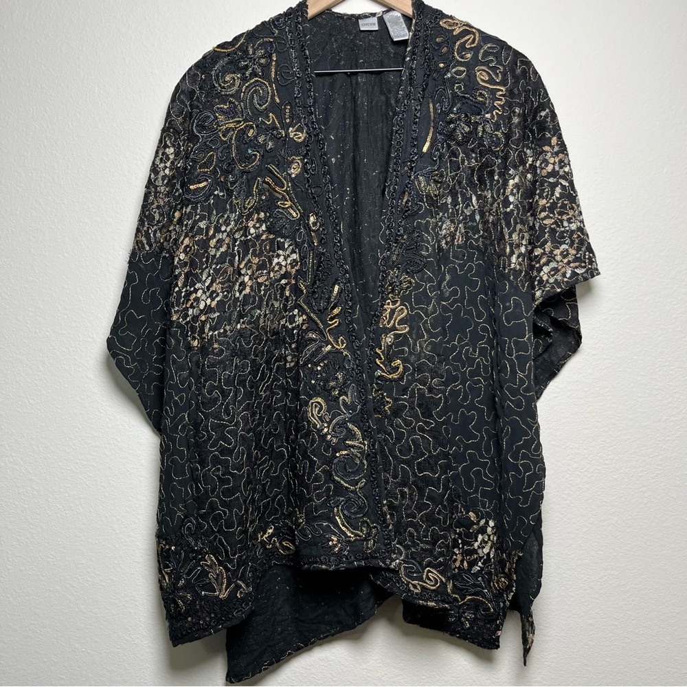 Chico's Women Kimono Poncho O/S Black Tan Embroidered Whimsigoth Lagenlook Artsy